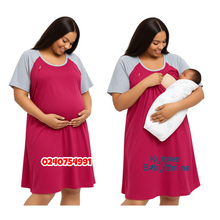 Load image into Gallery viewer, Wholesale - Breastfeeding Night Gown / Nighty With Front Opening (Red With Grey) - Kyemen Baby Online