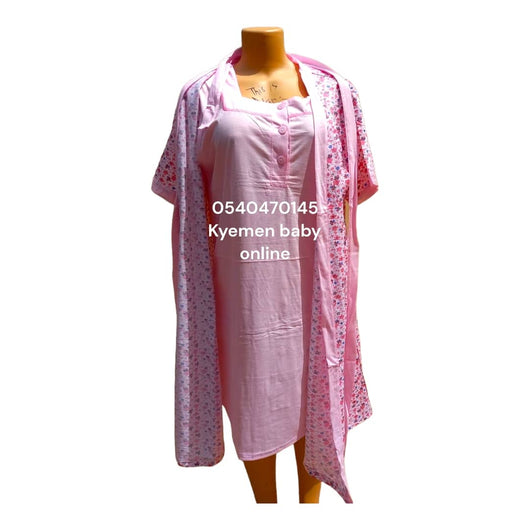 Breastfeeding Night Gown Plain with Pink Flower Coat (Yimiasha)Pink - Kyemen Baby Online