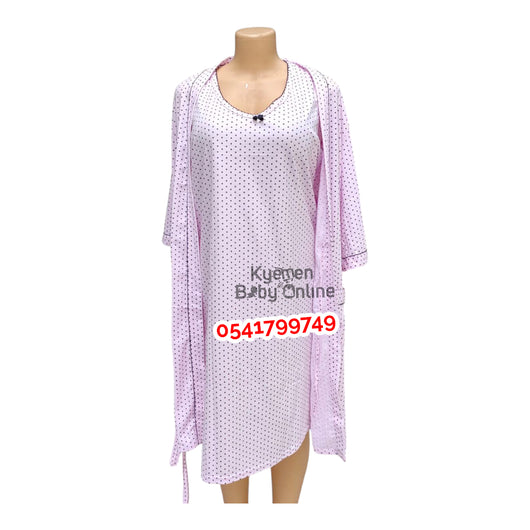 Breastfeeding Night Gown With Coat (Polka Dot) Pink