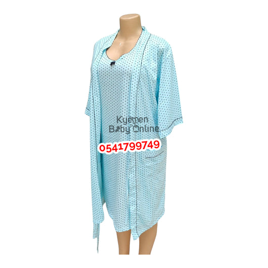 Breastfeeding Night Gown With Coat (Polka Dot) Blue