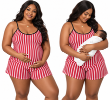 Load image into Gallery viewer, Wholesale - Breastfeeding Nighty Top With Shorts (Red With White Strips) - Kyemen Baby Online
