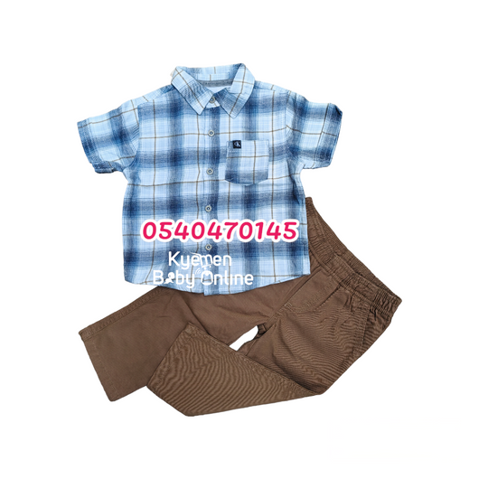 Baby Boy  Short Sleeve Shirt  with Trousers (Calvin Klein) Grey Checked. - Kyemen Baby Online
