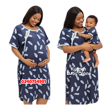 Load image into Gallery viewer, Wholesale - Breastfeeding Nighty/ Front open / Dark Grey / Leaves - Kyemen Baby Online
