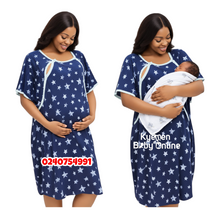 Load image into Gallery viewer, Wholesale - Breastfeeding Nighty/ Front open / Blue-black ( Stars) - Kyemen Baby Online
