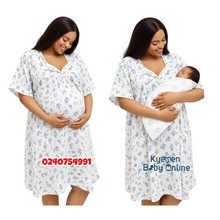 Load image into Gallery viewer, Wholesale - Breastfeeding Nighty Front Open (Cream With Blue Flowers) 3XL - Kyemen Baby Online

