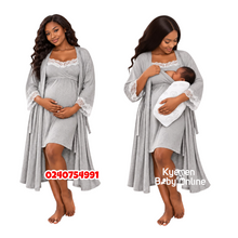 Load image into Gallery viewer, Wholesale - Breastfeeding Night Gown / Nighty With Coats And Inner (Grey with lace) - Kyemen Baby Online
