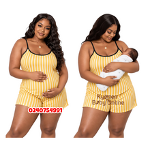 Load image into Gallery viewer, Wholesale - Breastfeeding Nighty Top With Shorts (Yellow With White Strips) - Kyemen Baby Online
