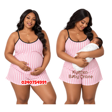 Load image into Gallery viewer, Wholesale - Breastfeeding Nighty Top With Shorts (Pink With White Strips) - Kyemen Baby Online

