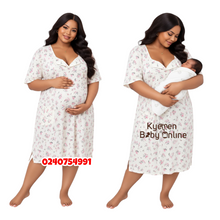 Load image into Gallery viewer, Breastfeeding Nighty Front Open (Pink Flowers With Cream) 3XL
