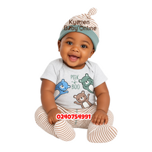 Load image into Gallery viewer, Baby Boy BodySuit With Pant and Hat (Peek-a-Boo)
