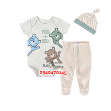 Load image into Gallery viewer, Baby Boy BodySuit With Pant and Hat (Peek-a-Boo)
