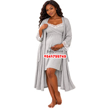 Load image into Gallery viewer, Breastfeeding Night Gown / Nighty With Coats And Inner (Grey with lace)
