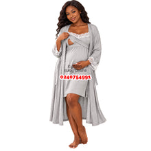 Load image into Gallery viewer, Breastfeeding Night Gown / Nighty With Coats And Inner (Grey with lace)
