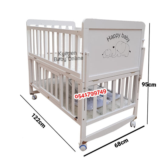 Baby Wooden White Cot (Happy Baby WBBN1-D / N10D) Baby Bed/Baby Crib - Kyemen Baby Online
