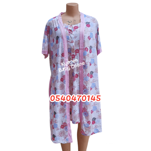 Breastfeeding Night Gown With Coat Pink Flowers 1 (Yimiasha) - Kyemen Baby Online